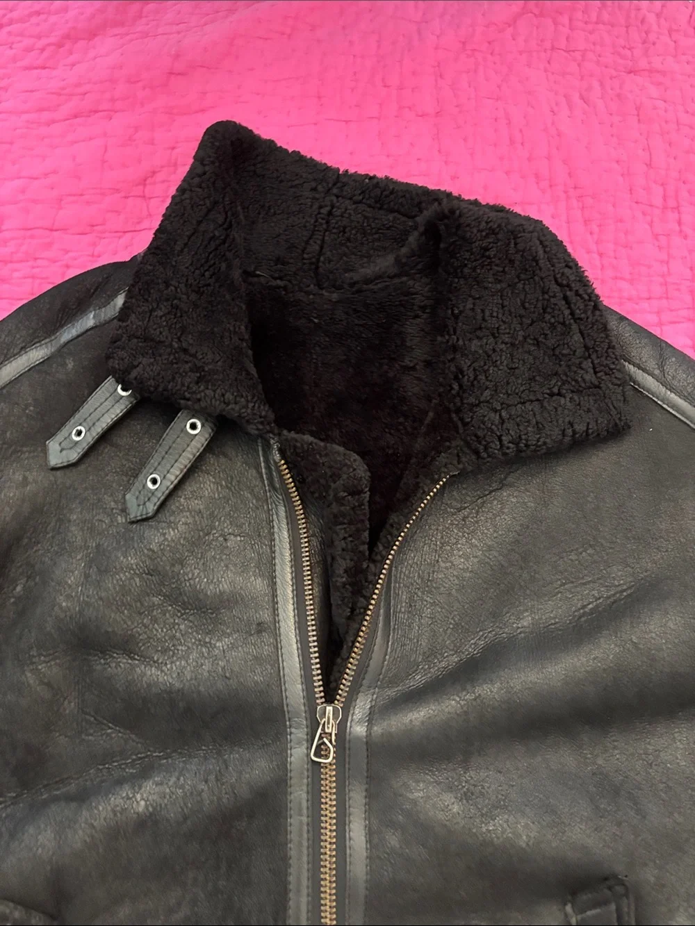 Black genuine leather Shearling Bomber Jacket - Men, M